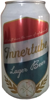 white can of Innertube beer from Burial Brewing. Color accents of red, blue, and gold.